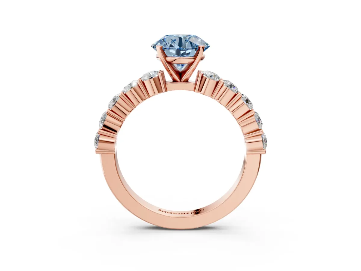 Fancy Blue Round Cut Diamond Solitaire Ring with Shared Prong Round Side Stones Rose gold