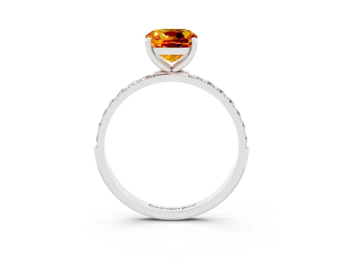 Cushion Cut Citrine Solitaire Ring with Round Pavé Band and Prong Setting Silver