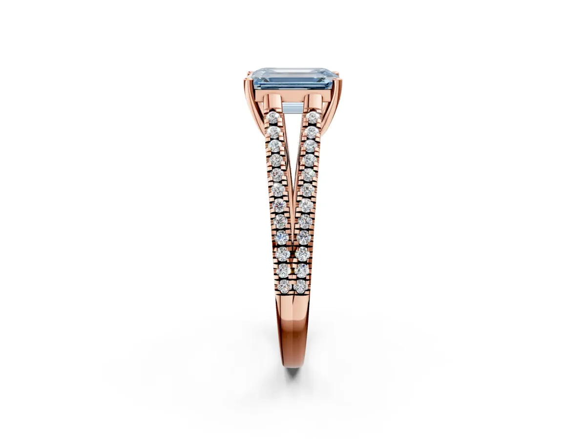 Fancy Blue Emerald Cut Diamond Solitaire Engagement Ring with Split Shank Pavé Band Rose gold