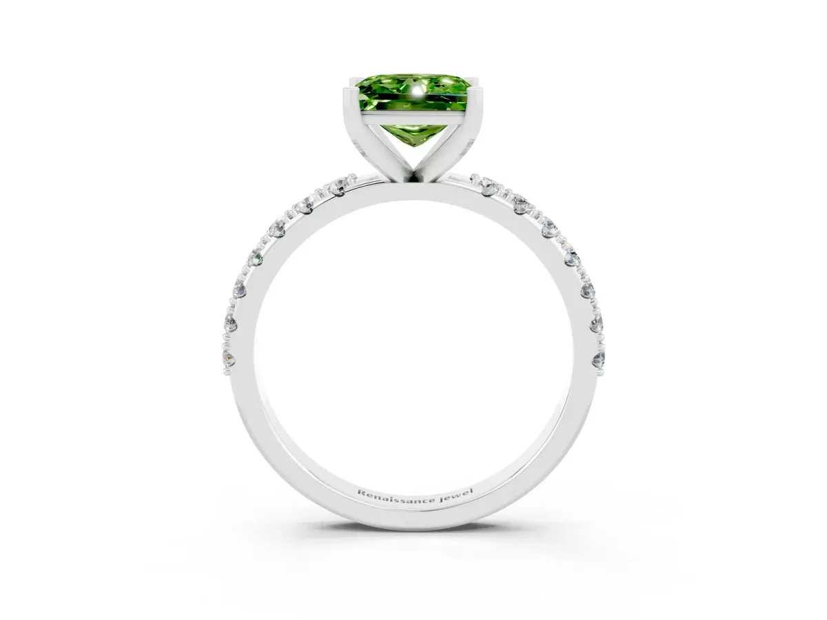 Princess Cut Peridot Solitaire Pavé Band with Four-Prong Setting Platinum