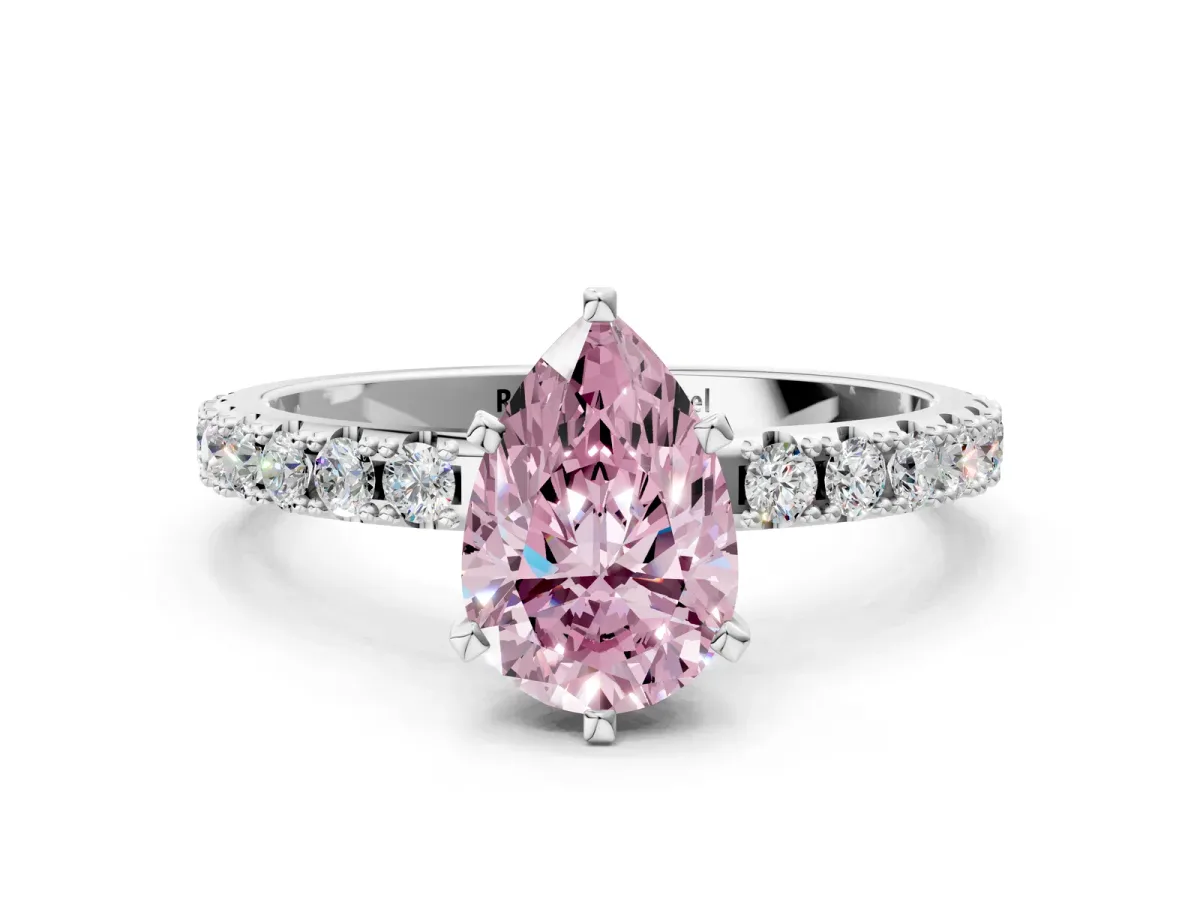 Fancy Pink Pear Cut Diamond Solitaire Pavé Band with Four-Prong Setting Silver