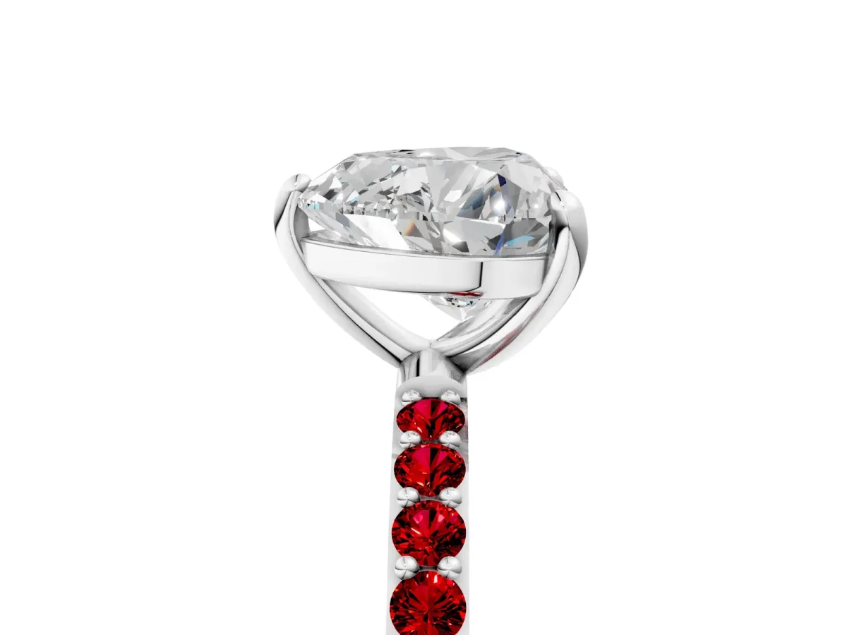 Heart Cut Diamond Solitaire Ring with Round Ruby Pavé Band and Prong Setting Silver