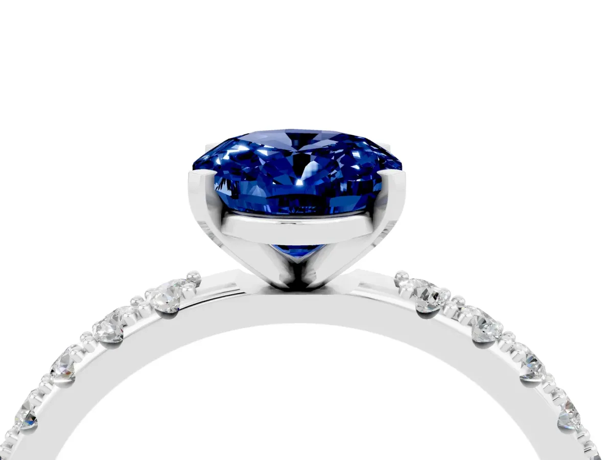 Oval Cut Blue Sapphire Solitaire Pavé Band with Four-Prong Setting Silver