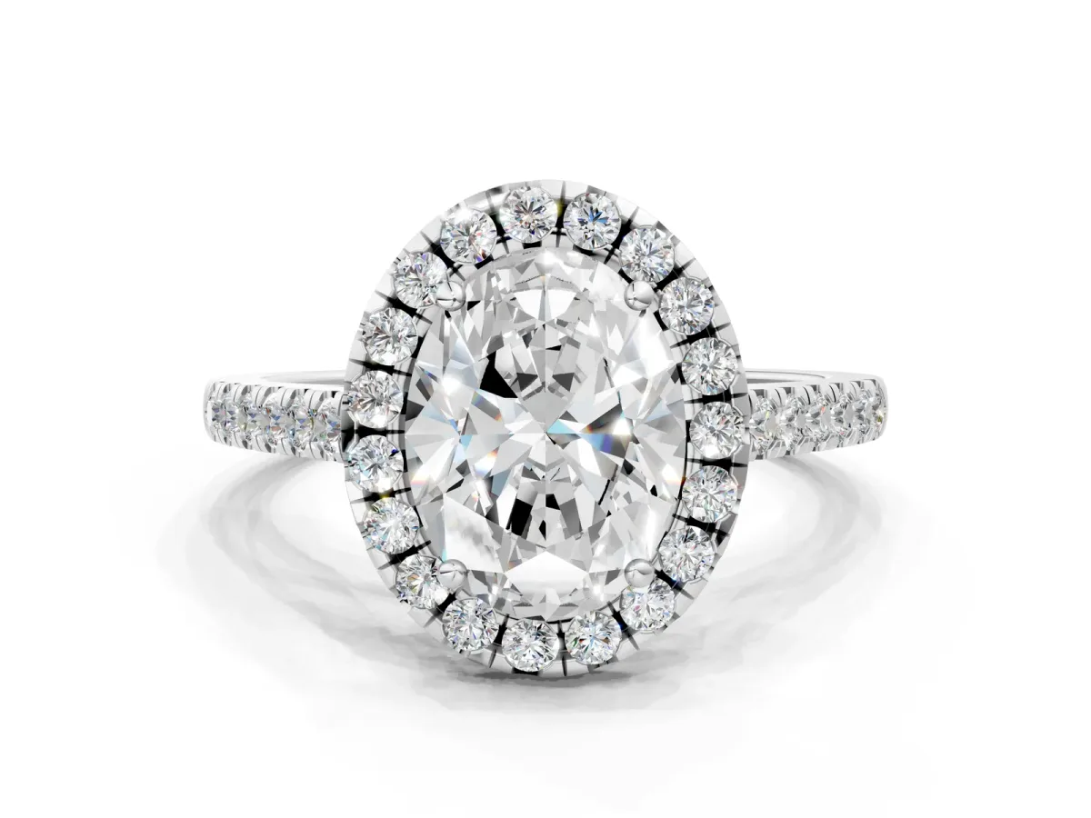 Oval Cut Halo Pavé Diamond Engagement Ring with Four-Prong Setting Silver