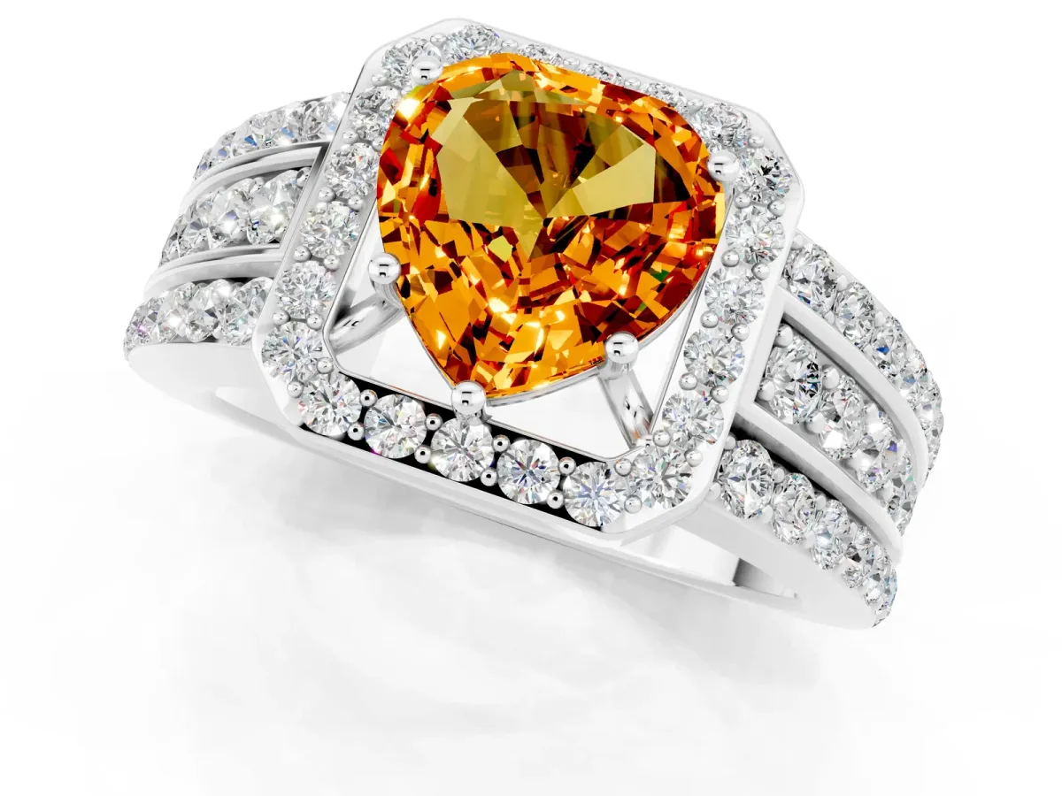 Heart Cut Halo Citrine Ring with Round Split Shank and Prong Setting Platinum