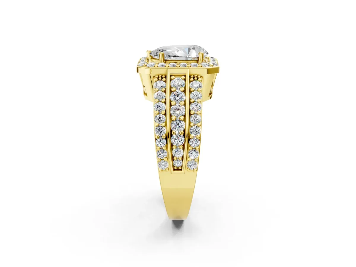 Pear Cut Halo Diamond Ring with Round Split Shank and Prong Setting Yellow gold