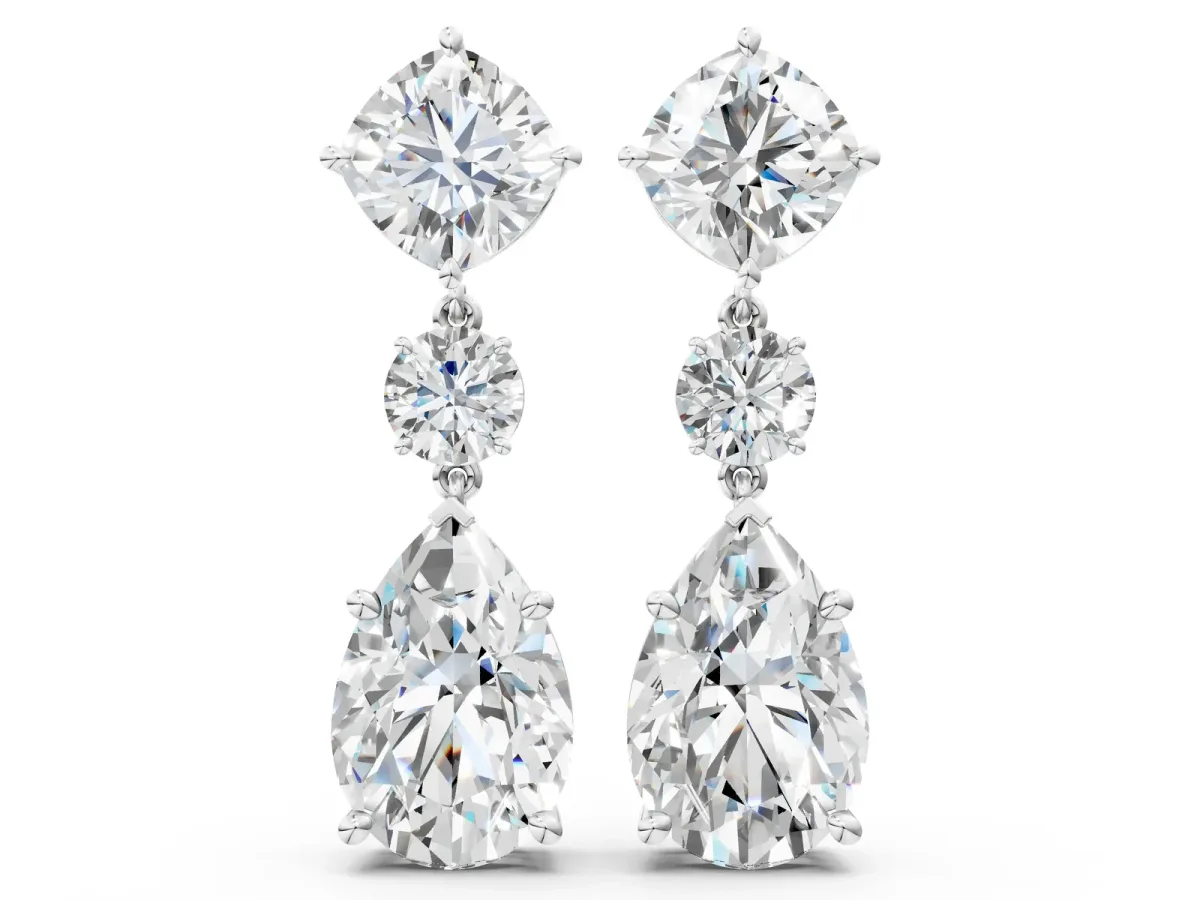 Cushion, Round and Pear Diamond Three-Stone Drop Earrings Silver