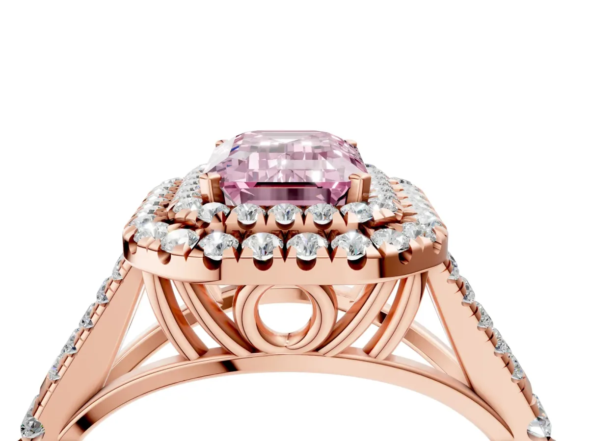 Fancy Pink Emerald Cut Diamond Double Halo Ring with Split Shank and Prong Setting Rose gold
