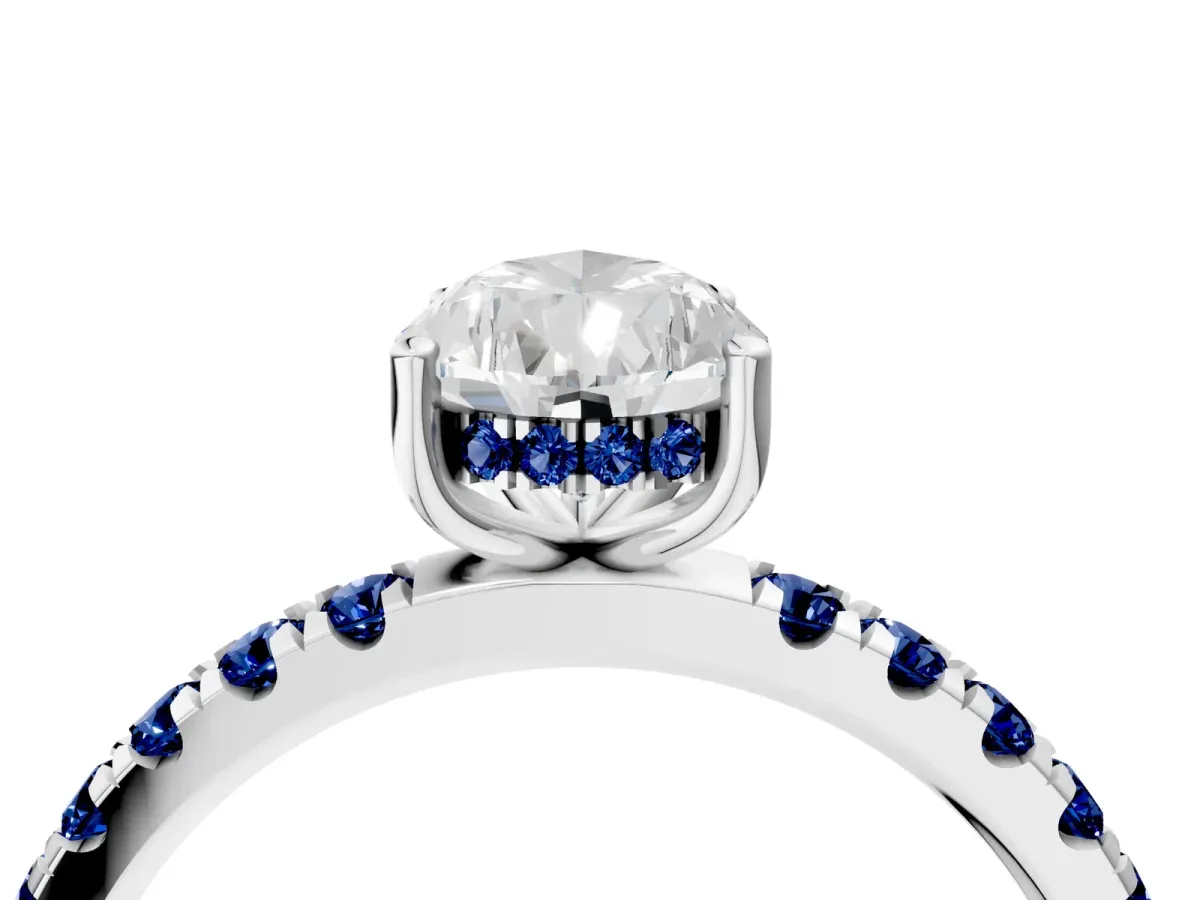 Pear Cut Diamond Pave Band Solitaire Ring with Round Blue Sapphire and Prong Setting Silver