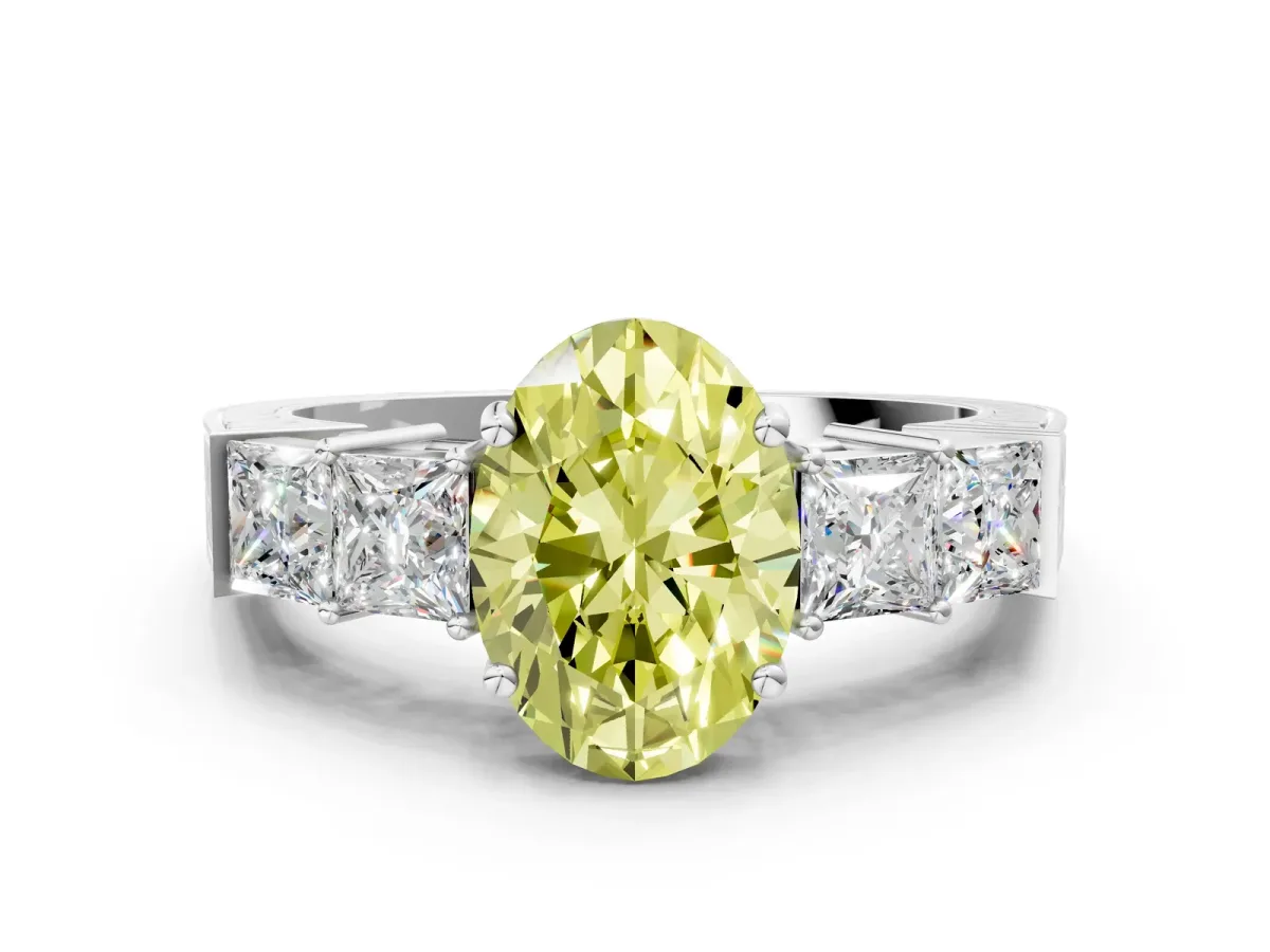 Fancy Yellow Oval Cut Solitaire Princess Side Stone Engraved Band Prong Setting Ring Platinum