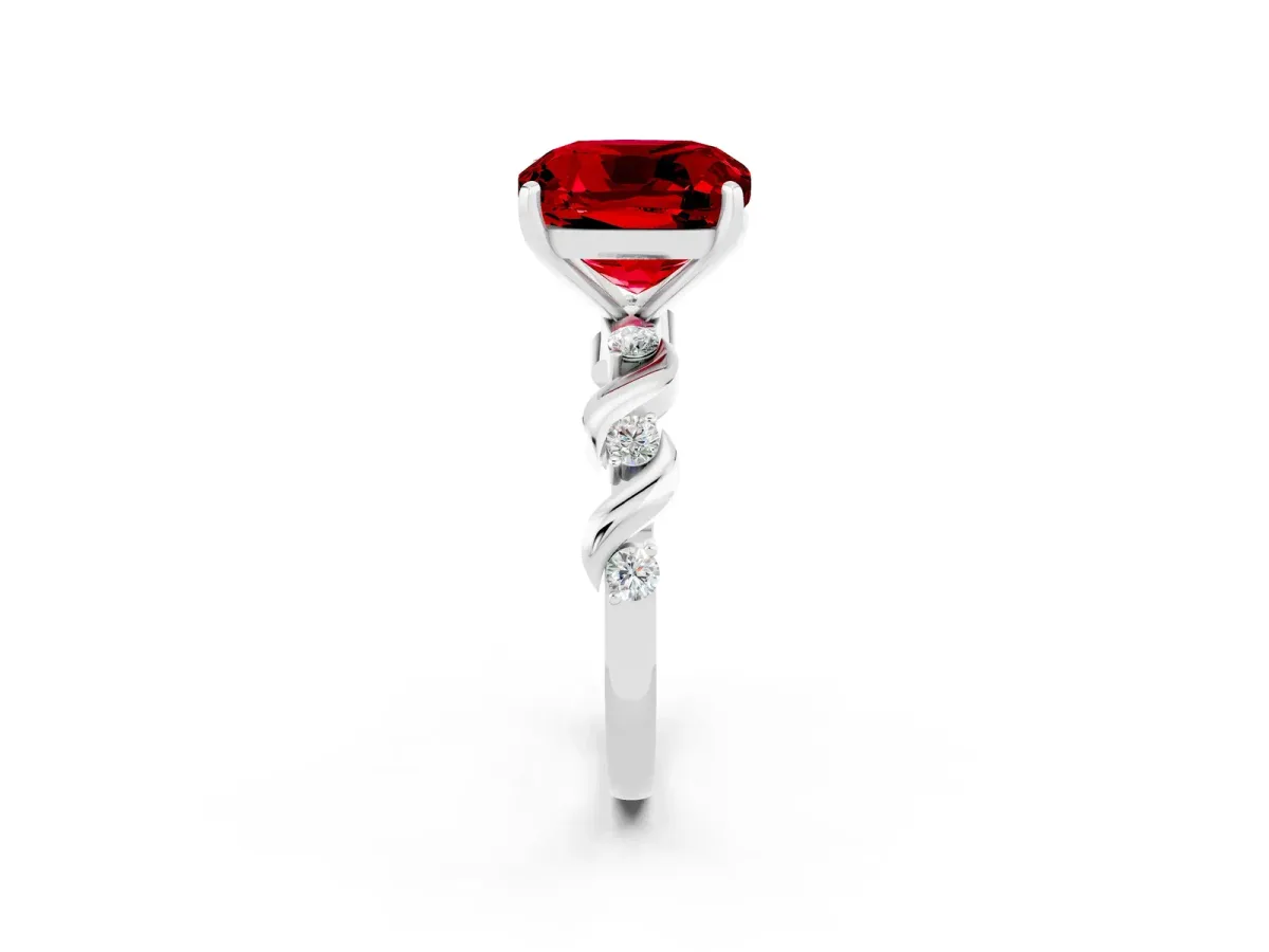Cushion Cut Ruby Solitaire Twisted Band with Round Accents and Prong Setting Silver