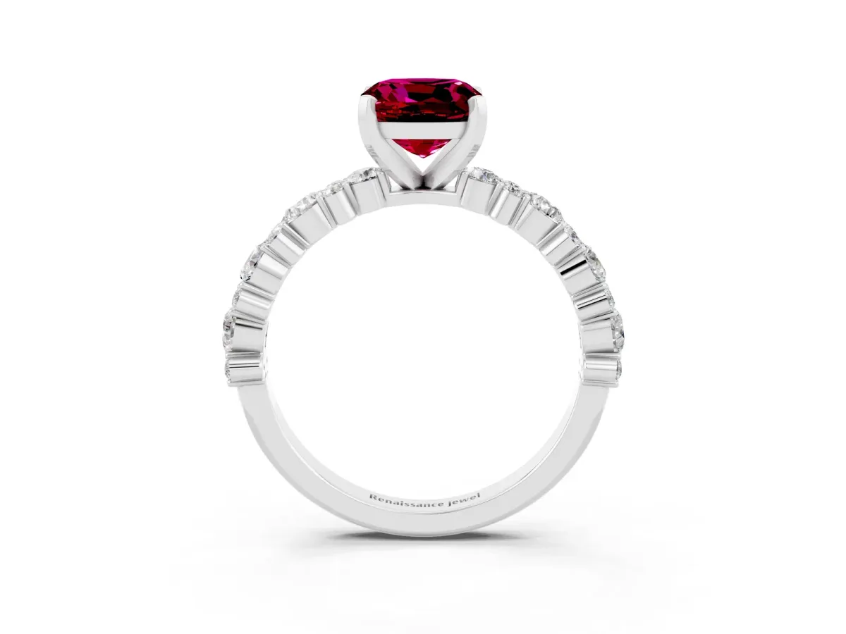 Cushion Cut Garnet Side Stone Solitaire Ring with Round and Four-Prong Setting Platinum