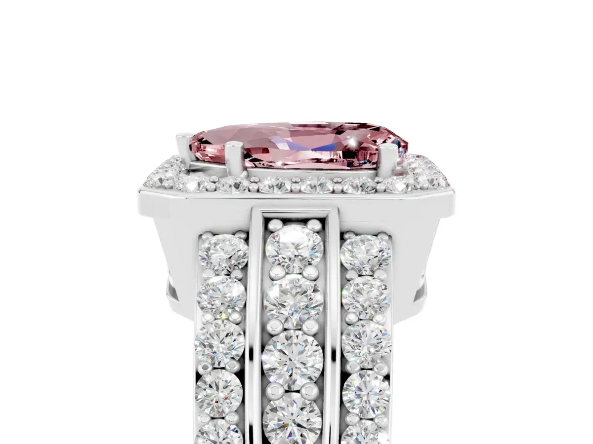 Pear Cut Halo Morganite Ring with Round Split Shank and Prong Setting White gold