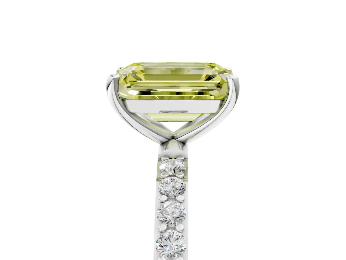 Fancy Yellow Emerald Cut Diamond Solitaire Ring with Round Pavé Shoulders and Prong Setting Silver