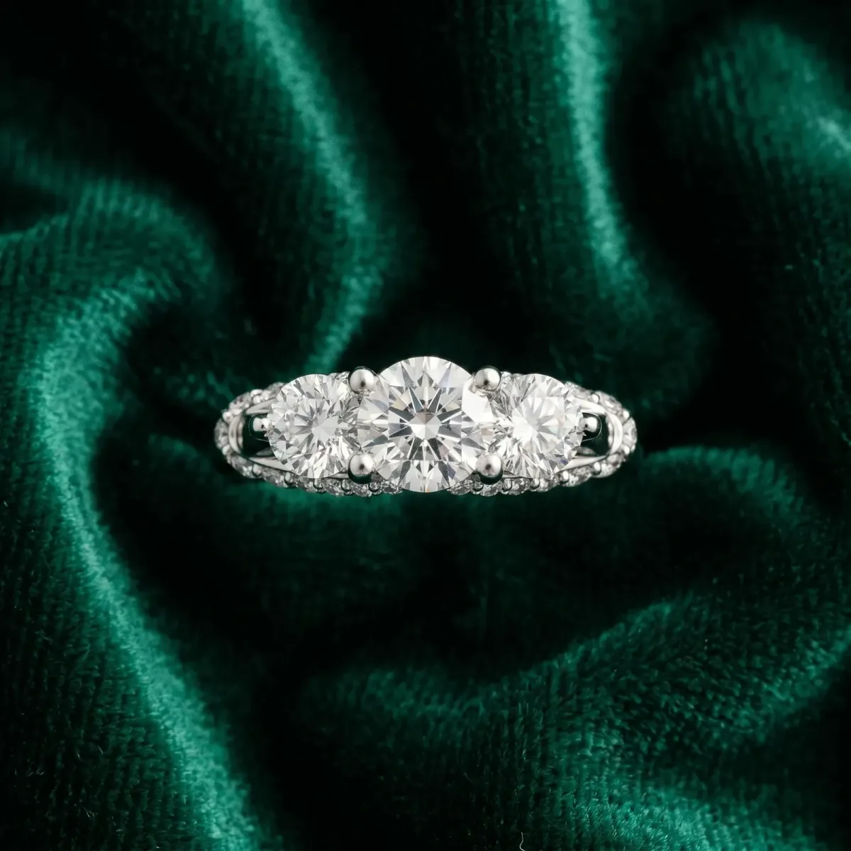 Round Cut Diamond Three-Stone Ring with Prong Setting and Pavé Band Platinum