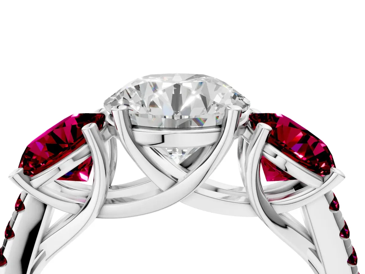 Three-Stone Round Cut Diamond Ring with Round Garnet Pavé Band and Prong Setting Platinum