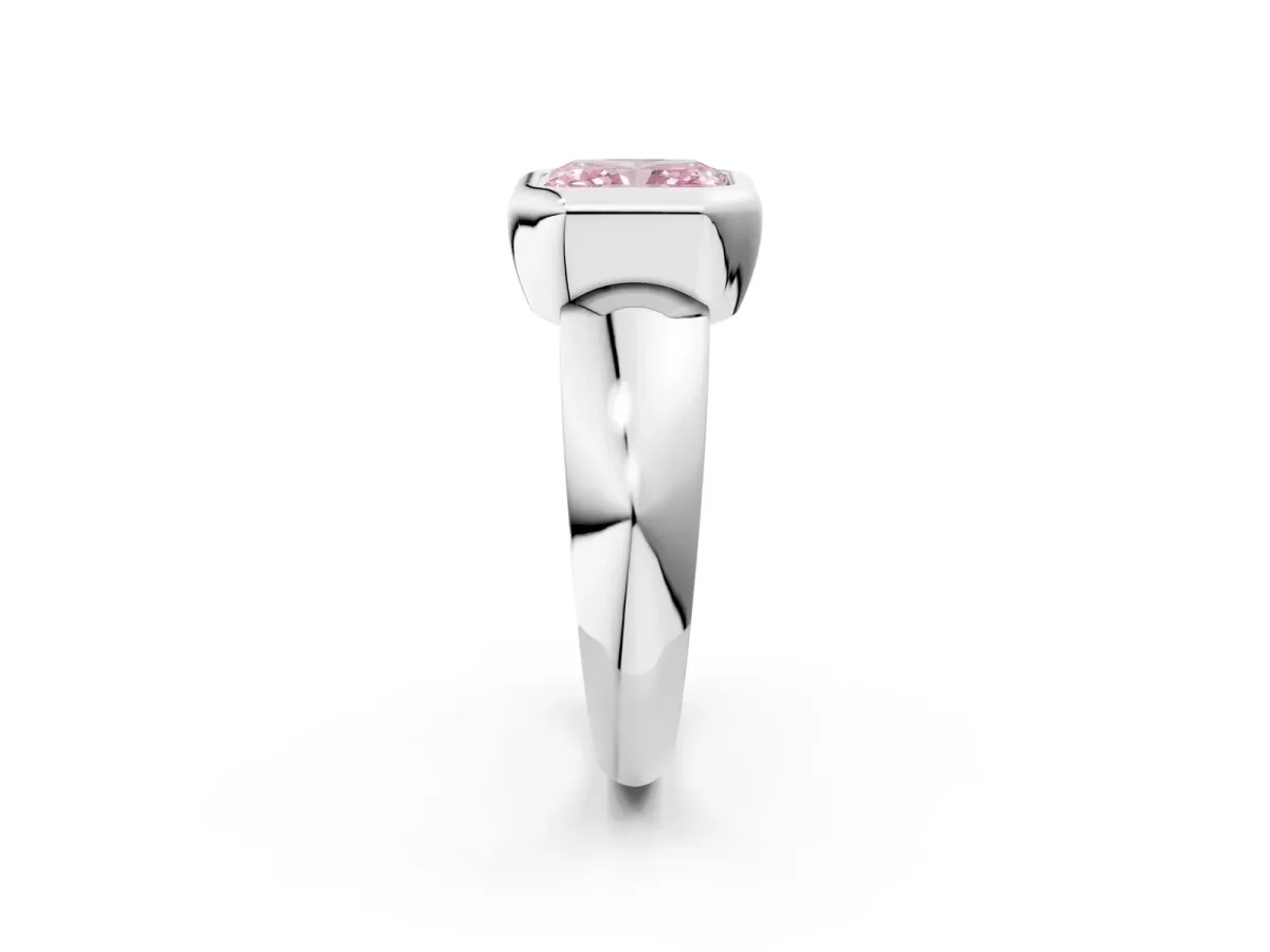 Fancy Pink Bezel Set Radiant Cut Solitaire Ring with Wide Band Platinum