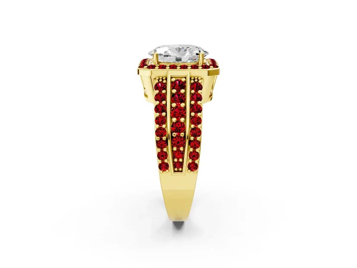 Oval Cut Halo Diamond Ring with Round Ruby Split Shank and Prong Setting Yellow gold