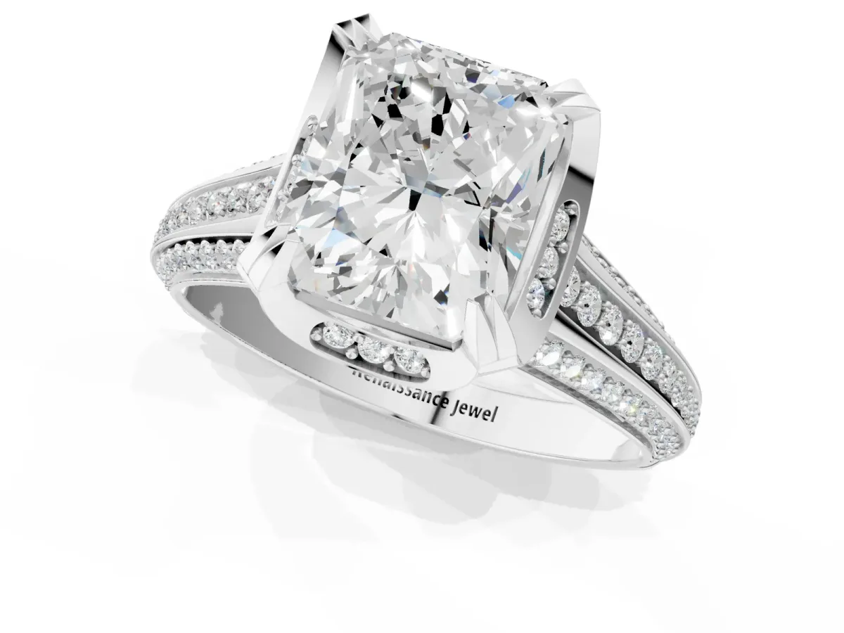 Radiant Cut Solitaire Pave Split Shank Ring with Four-Prong Setting Platinum