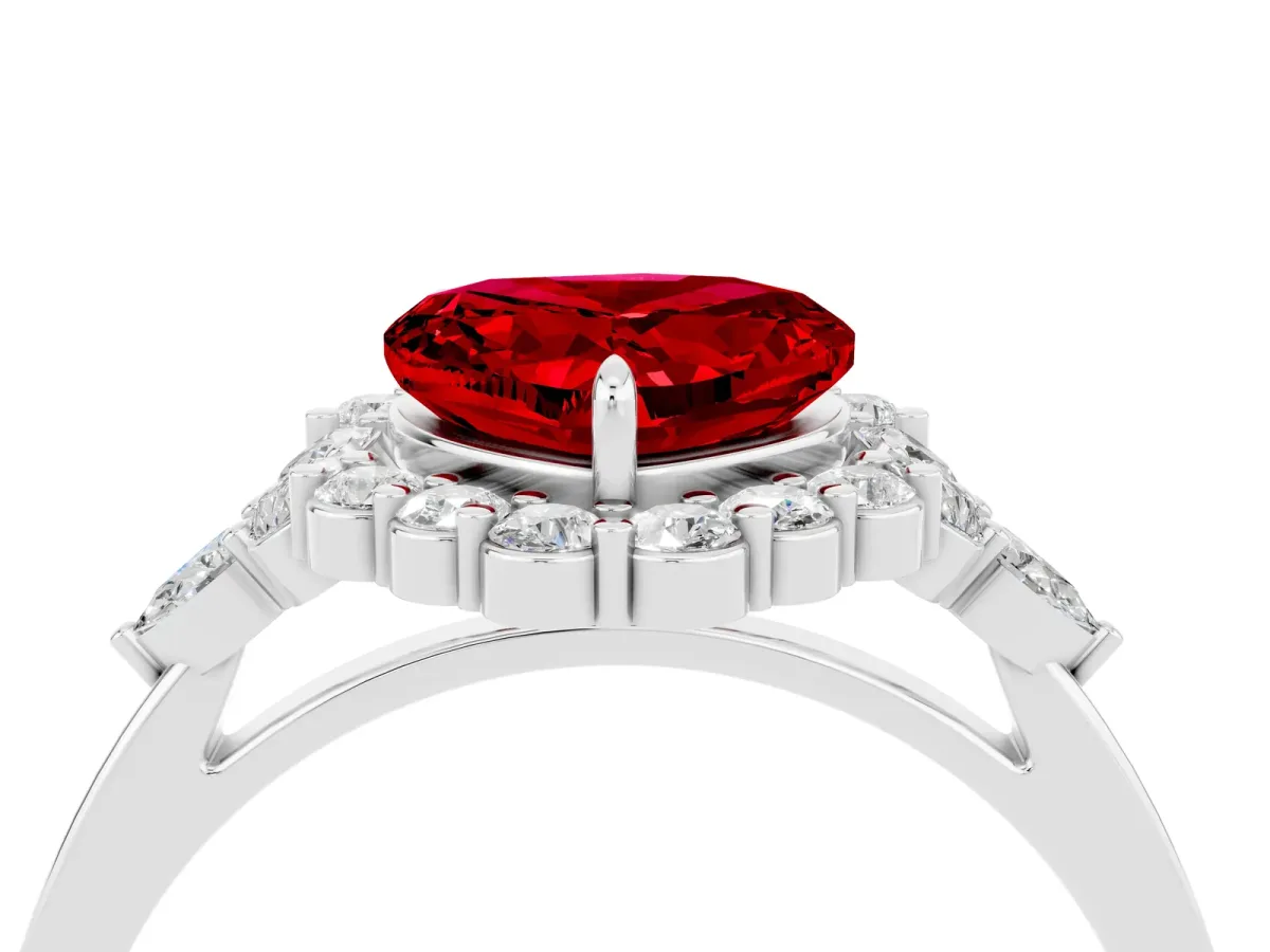 Heart Cut Ruby Halo Ring with Pear Side Stones and Prong Setting Silver