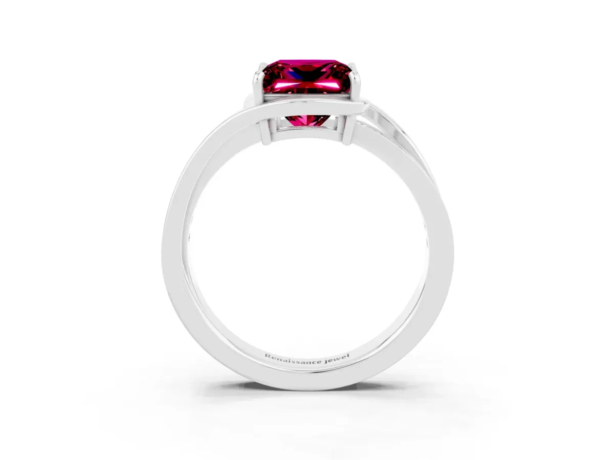 Princess Cut Garnet Solitaire Ring with Split Shank and Prong Setting Platinum