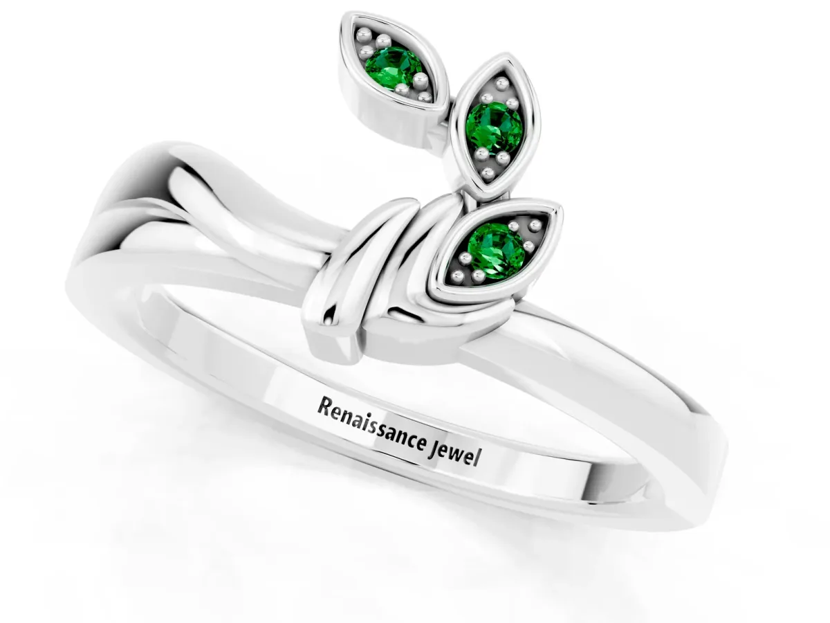 Three-Stone Round Emerald Leaf Bypass Ring with Bezel Setting Platinum