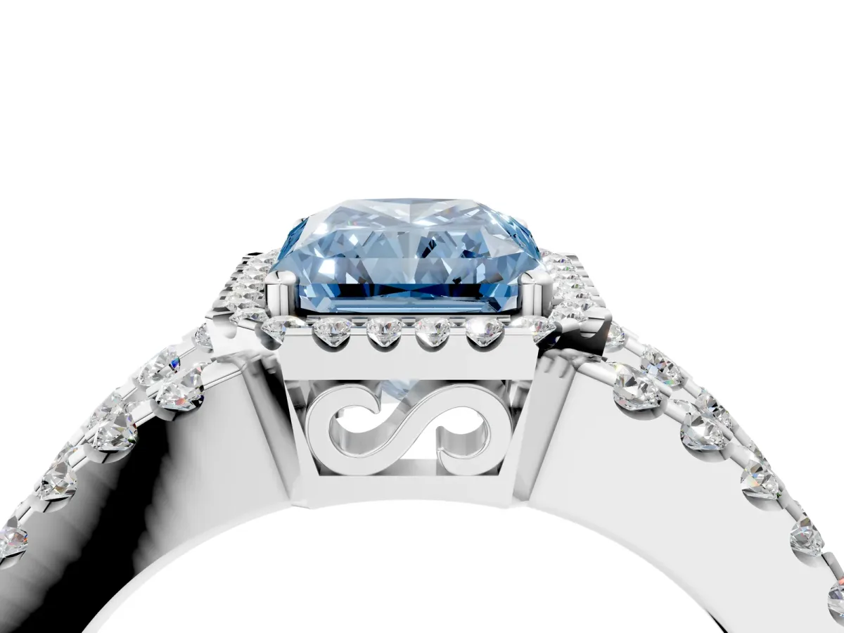 Fancy Blue Radiant Cut Cut Halo Split Shank Diamond Ring with Four-Prong Setting Platinum