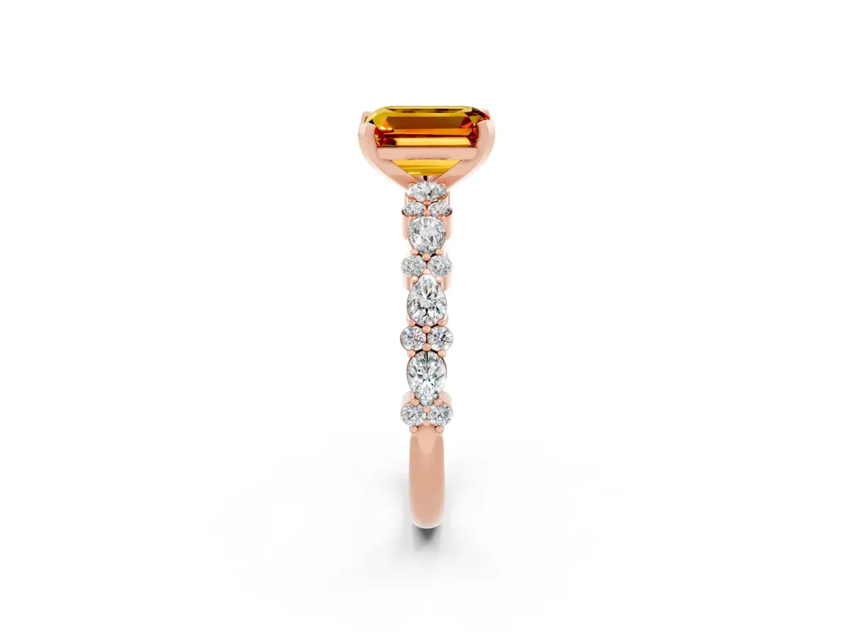 Emerald Cut Citrine Side Stone Solitaire Ring with Round and Four-Prong Setting Rose gold