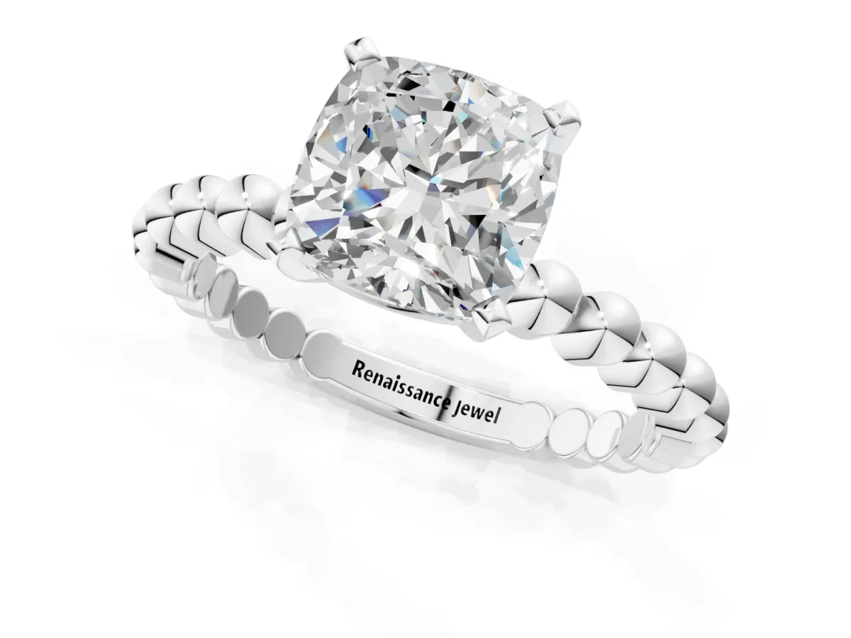 Cushion Cut Diamond Solitaire Ring with Beaded Band and Prong Setting Platinum