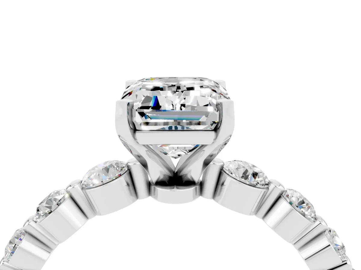 Emerald Cut Solitaire Moissanite Ring with Pave Band and Four-Prong Setting Platinum