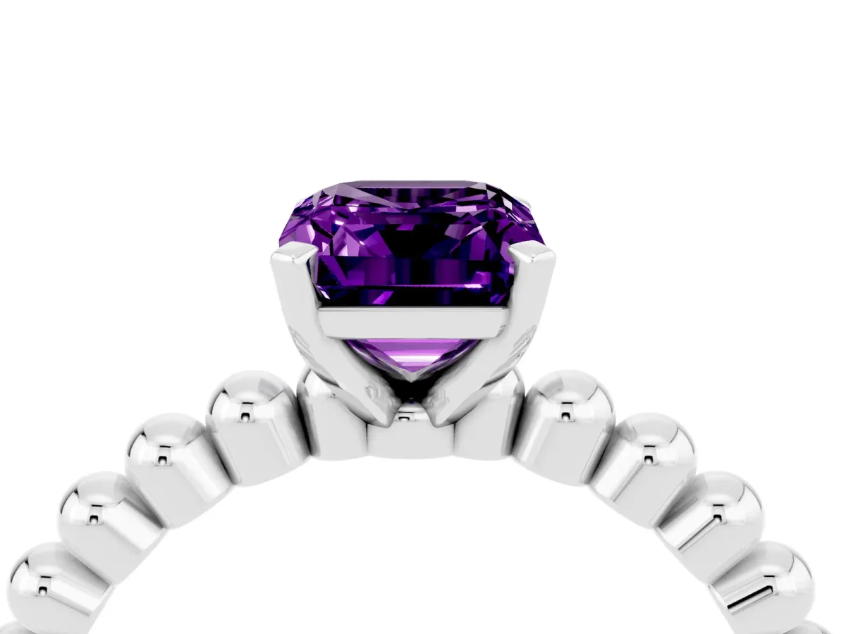 Emerald Cut Amethyst Solitaire Ring with Beaded Band and Prong Setting Platinum