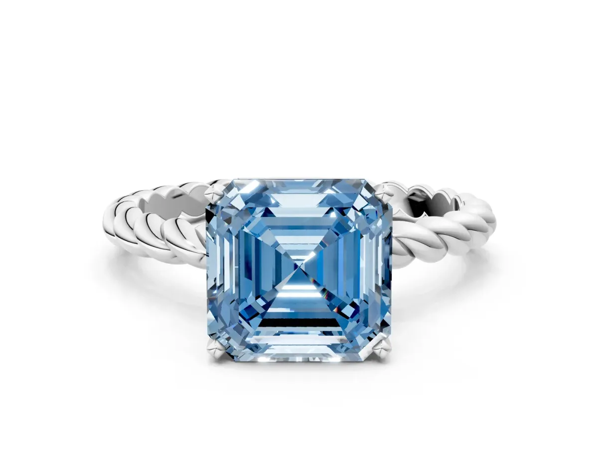 Fancy Blue Asscher Cut Cut Solitaire Twisted Band with Four-Prong Setting Platinum