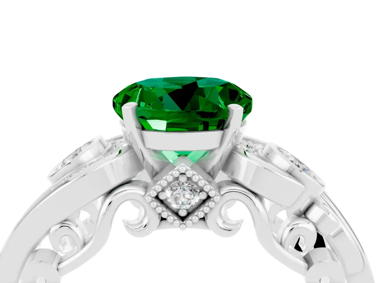 Round Cut Emerald Solitaire Ring with Milgrain Pavé Band and Four-Prong Setting Silver