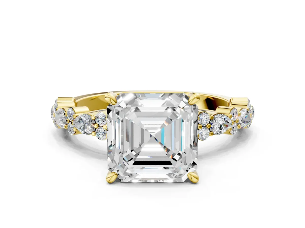 Asscher Cut Diamond Side Stone Solitaire Ring with Round and Four-Prong Setting Yellow gold