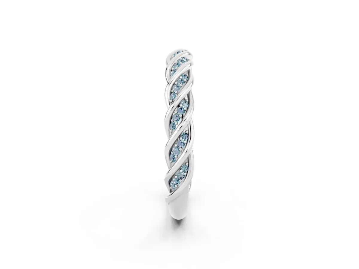 Twisted Pavé Round Aquamarine Eternity Band with Shared Prong Setting White gold