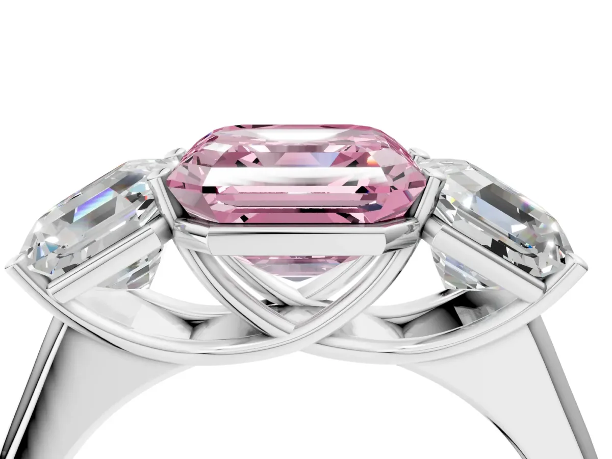 Fancy Pink Asscher Cut Three-Stone Diamond Ring with Prong Setting on a Classic Band Platinum