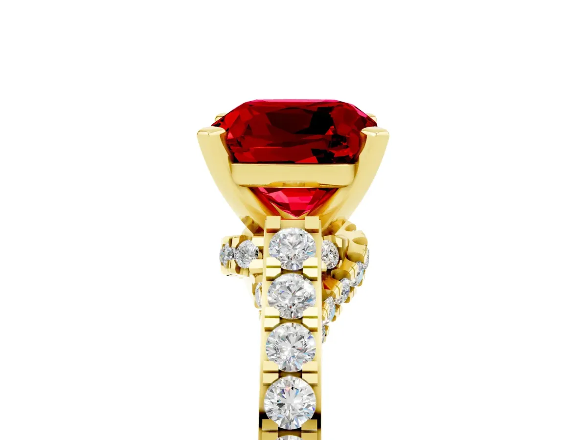 Cushion Cut Ruby Solitaire Ring with Crossover Gallery and Round Pavé Band Yellow gold