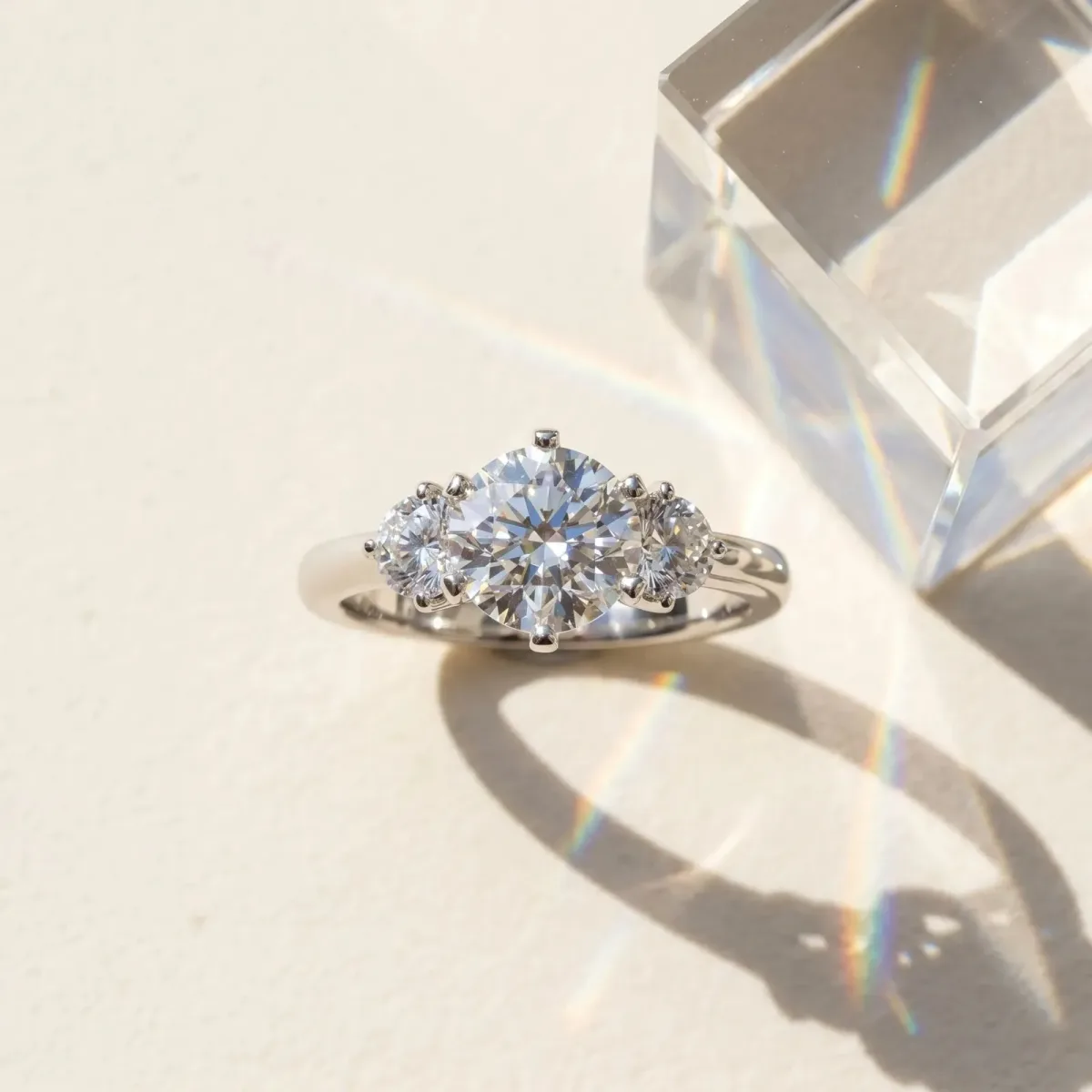 Three-Stone Round Cut Cut Solitaire Diamond Ring with Prong Setting Silver