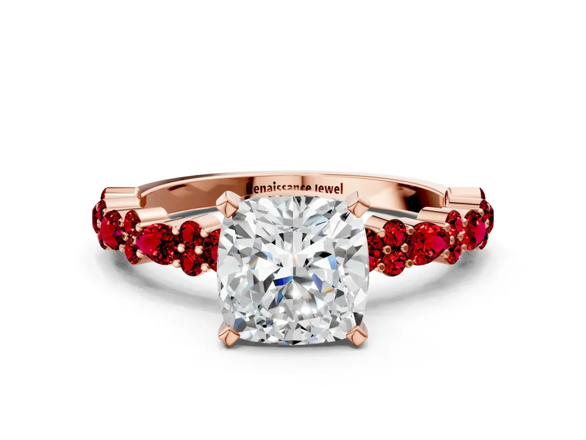 Cushion Cut Diamond Side Stone Solitaire Ring with Round Ruby and Four-Prong Setting Rose gold