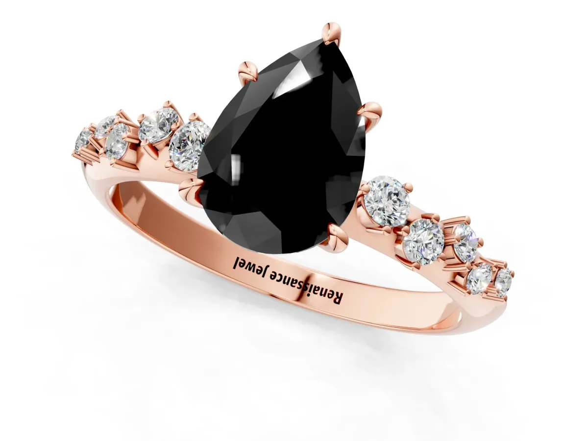 Fancy Black Pear Cut Diamond Cluster Side Stone Solitaire Ring with Prong Setting Rose gold