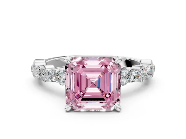 Fancy Pink Asscher Cut Diamond Side Stone Solitaire Ring with Round and Four-Prong Setting Platinum