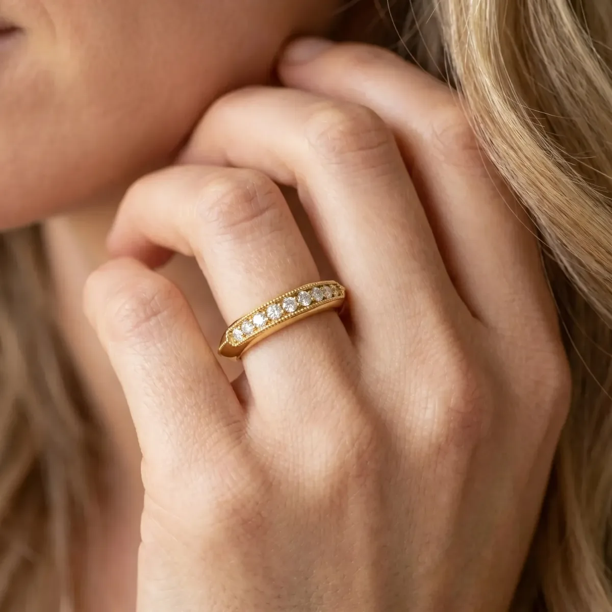Milgrain Round Diamond Pavé Set Half Eternity Band Yellow gold