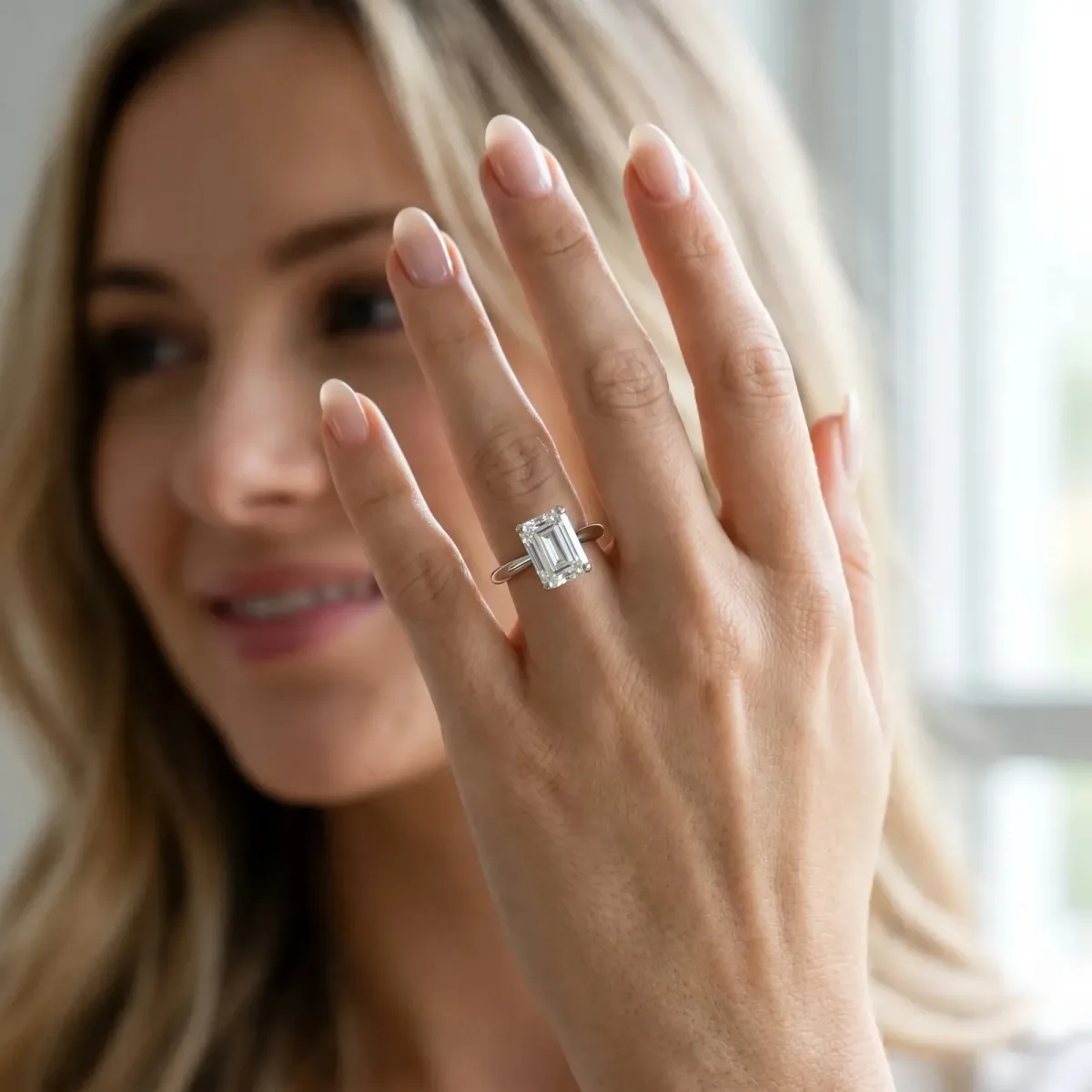 Emerald Cut Diamond Solitaire Engagement Ring with Classic Band and Four-Prong Setting Silver