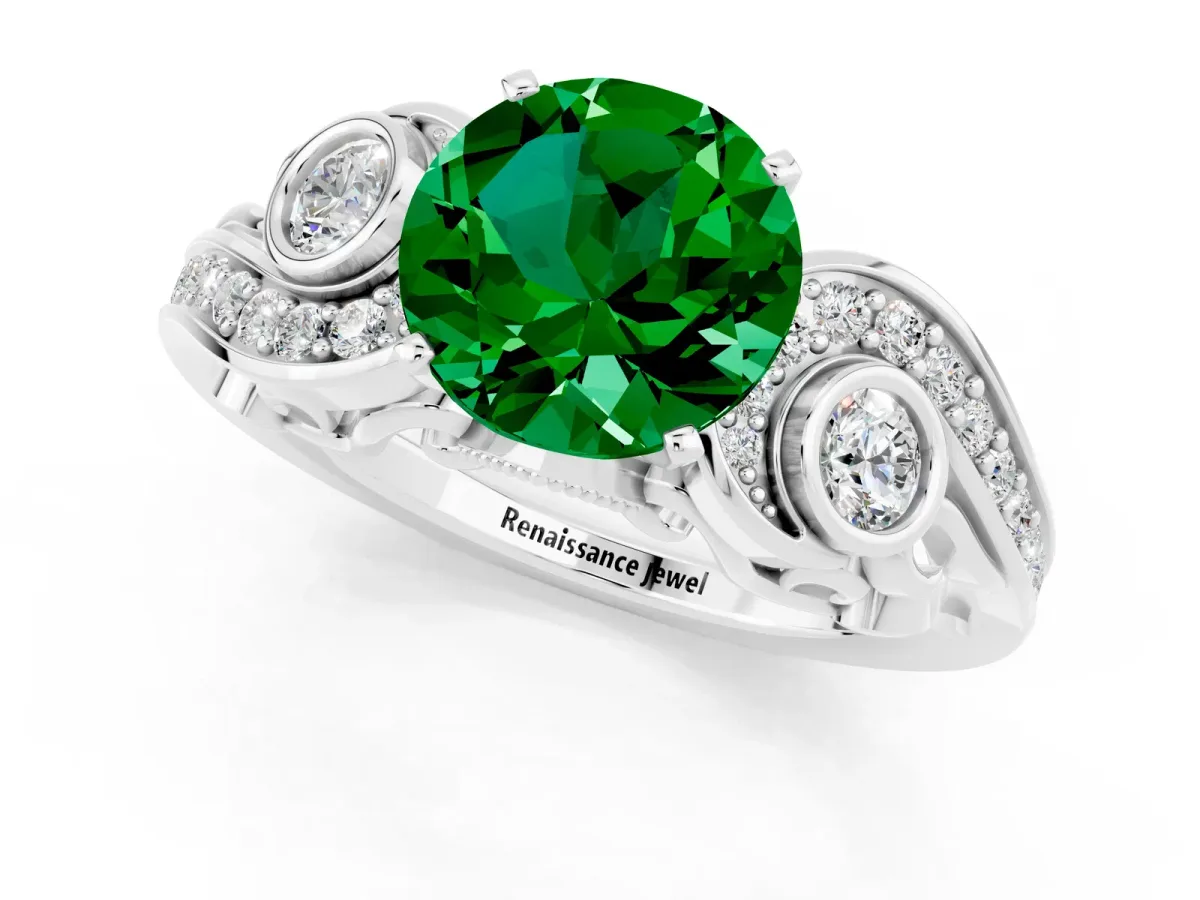 Round Cut Emerald Solitaire Ring with Milgrain Pavé Band and Four-Prong Setting Silver