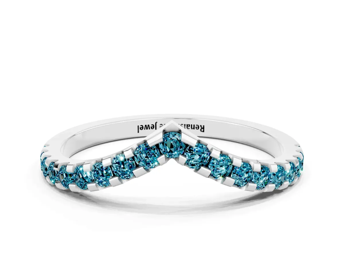 Pavé Round Blue Topaz Chevron Band with Shared Prong Setting Platinum