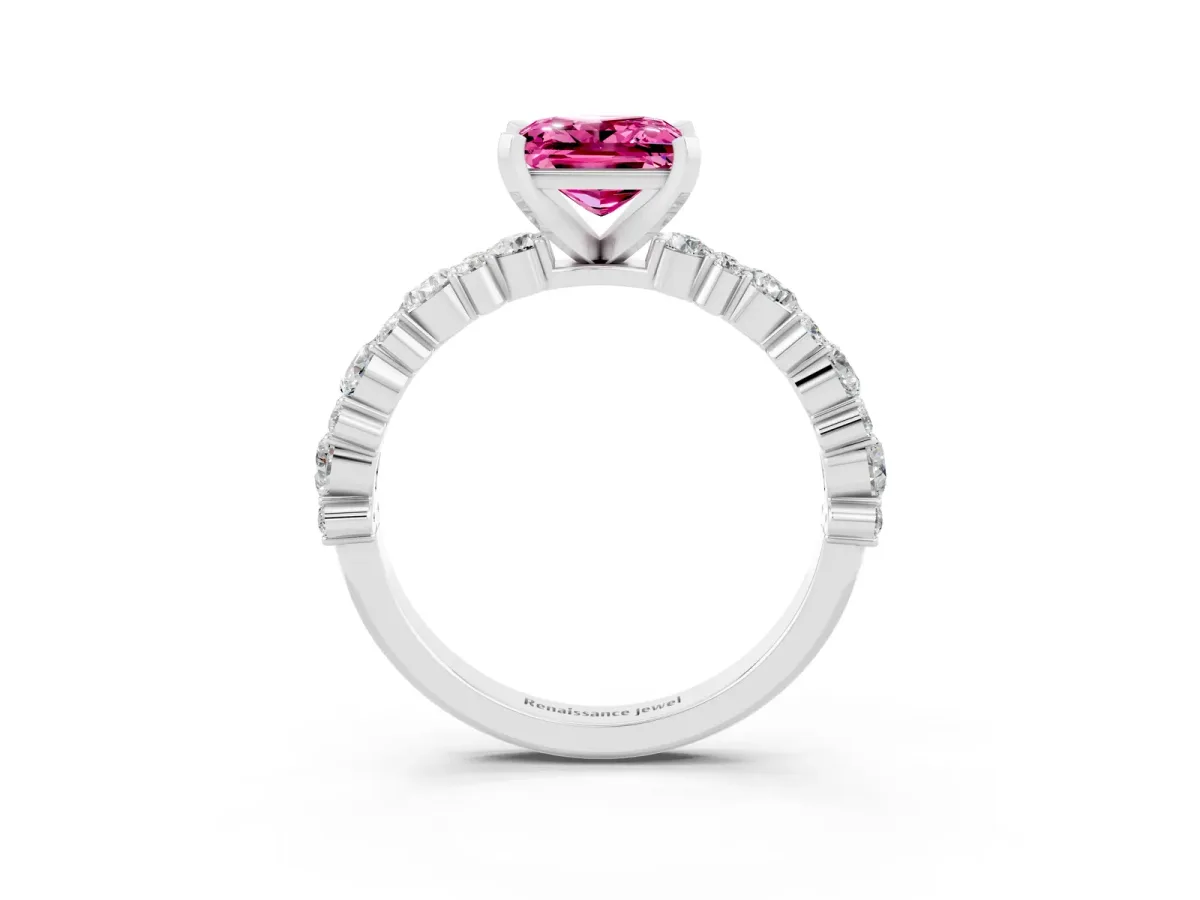 Princess Cut Pink Sapphire Side Stone Solitaire Ring with Round and Four-Prong Setting Silver