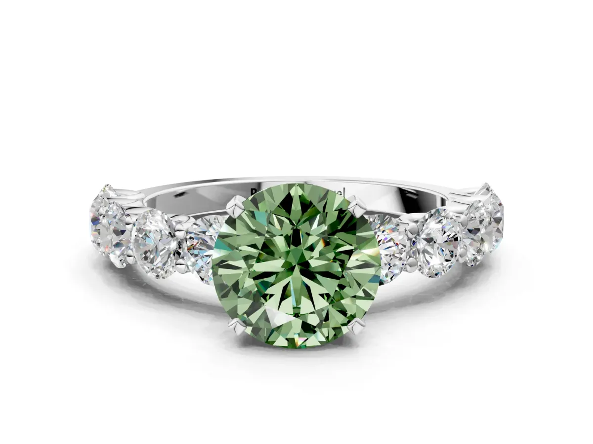 Fancy Green Round Cut Diamond Prong Setting with Side Stones on a Pave Band Silver