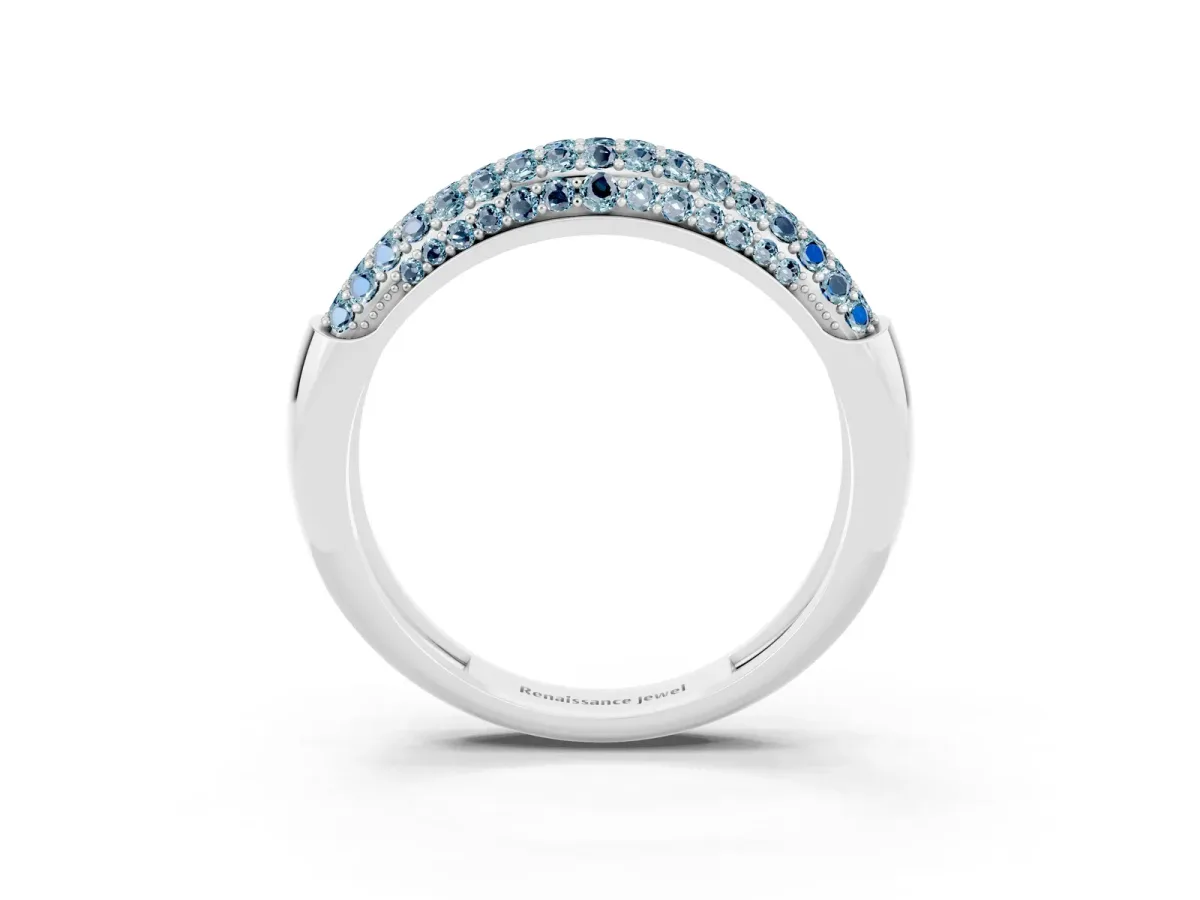 Three-Row Pavé Round Aquamarine Dome Band Silver