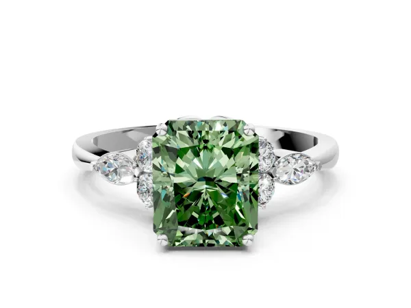 Fancy Green Radiant Cut Brilliant Diamond Solitaire Ring with Pear Side Stones and Four-Prong Setting Platinum