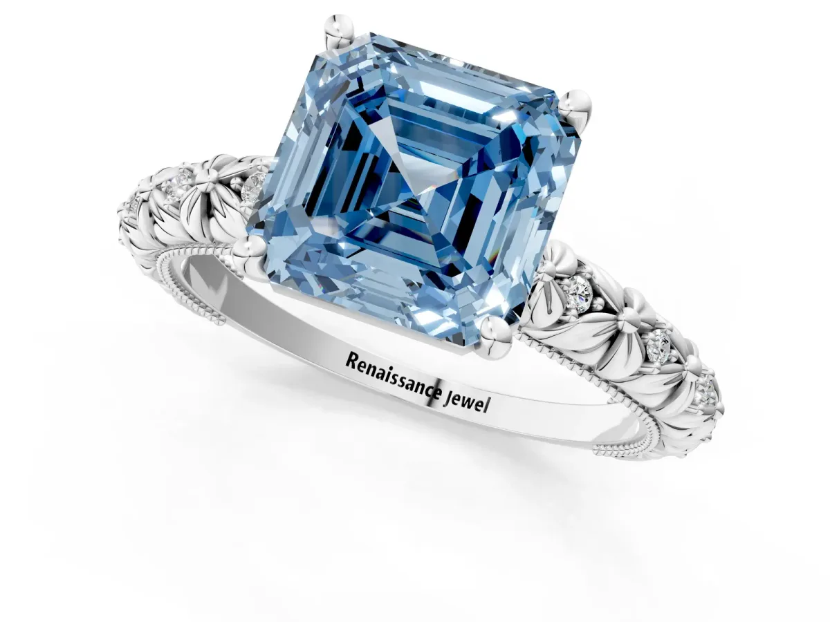 Fancy Blue Asscher Cut Solitaire Floral Milgrain Engagement Ring Platinum